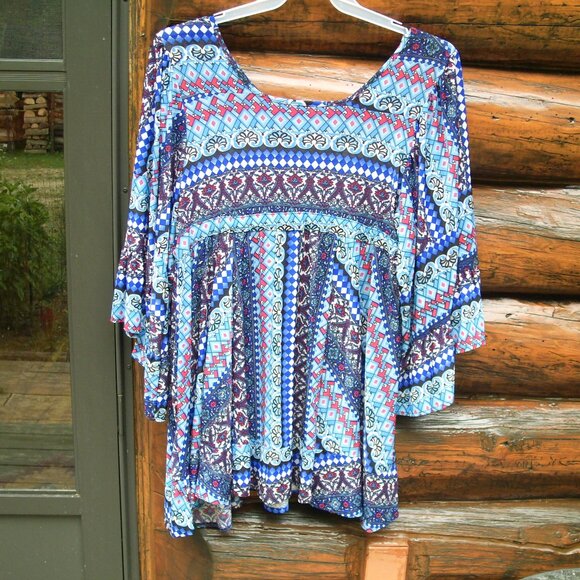 Silky Colorful Flowy Bell Sleeve Boho Tunic Dress Top Size M/L - Picture 2 of 3